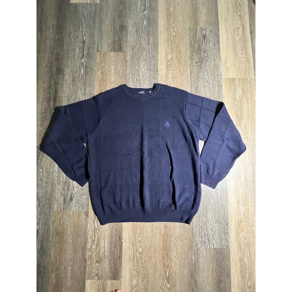 IZOD Sweater Mens Large Navy Blue Excellent Textured Cotton Crewneck Australia